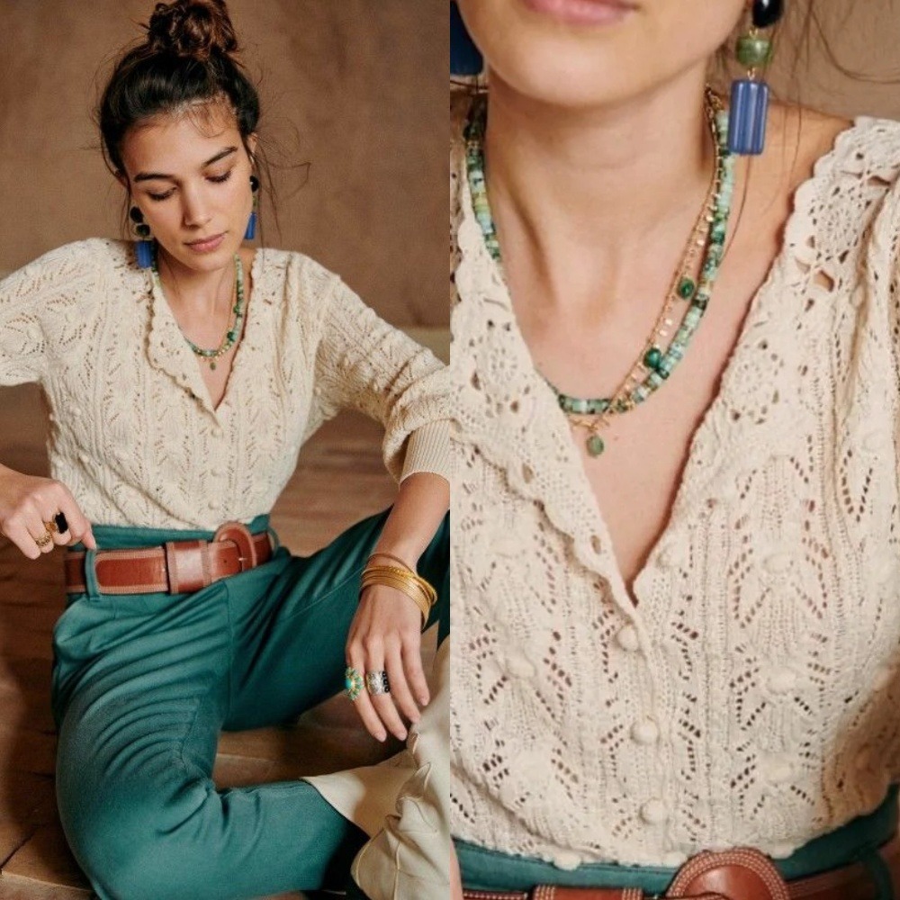 Sezane Artie Jumper Small Ecru Pointelle Crochet Button Front Cardigan Sweater